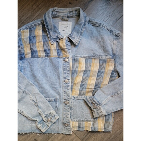 Cleo + Wolf Jackets & Blazers - Cleo + Wolf Size L Blue Plaid Mix Denim Button Jacket Open Edge Hem